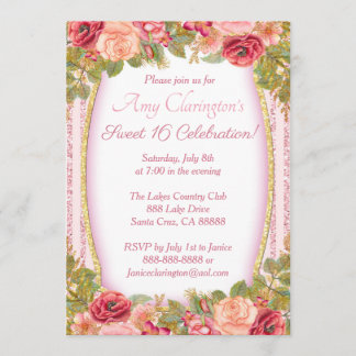 Sweet 16 Card Rosa Blütengold Glitzer Einladung