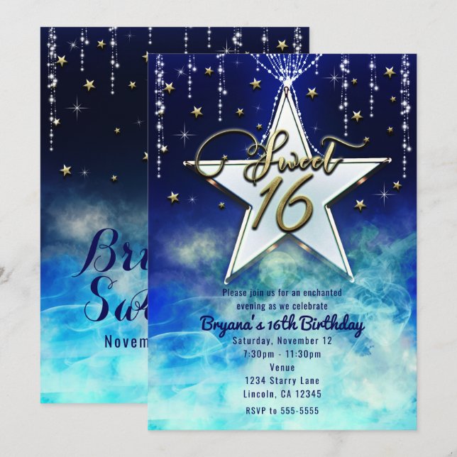 Sweet 16 Celestial Clouds & Gold Stars Party Einladung (Vorne/Hinten)