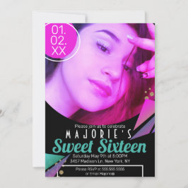 Sweet 16 Club Style Neon Party Foto Einladung