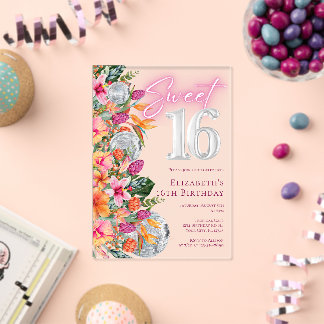 Sweet 16 Colorful Tropical Flowers Disco Birthday Acryleinladungen