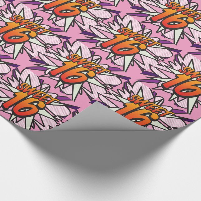 SWEET 16 Comic Book Pop Art Pink Geschenkpapier (Ecke)