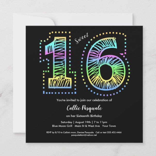 Sweet 16 Cool auf Black Birthday Party Einladung (Vorderseite)