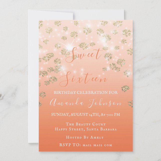 Sweet 16. Coral Blume Gold Ombre Foto Funkelnd Einladung (Rückseite)