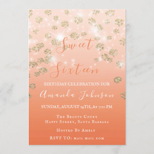 Sweet 16. Coral Blume Gold Ombre Foto Funkelnd Einladung