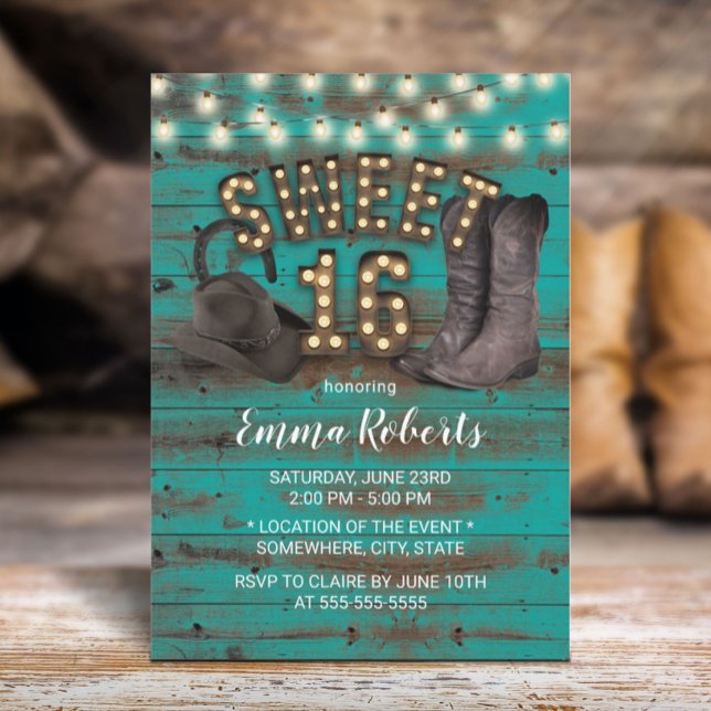 Sweet 16 Cowgirl Rustic Aquamarin Barn Wood Wester Einladung (Von Creator hochgeladen)