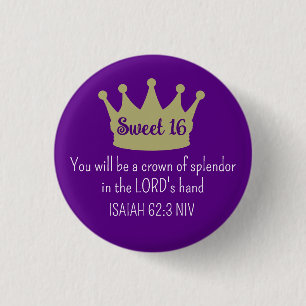 Sweet 16 Crown Bible Verse Dark Lila und Gold Button