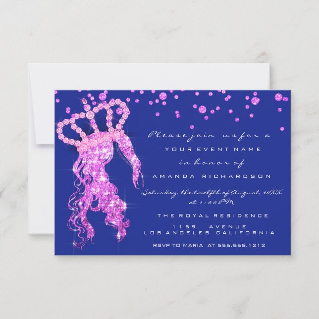 Sweet 16. Crown Princess Confetti Royal Blue Pink Einladung (Vorderseite)