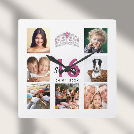 Sweet 16 Custom Foto Collage Tiara Quadratische Wanduhr