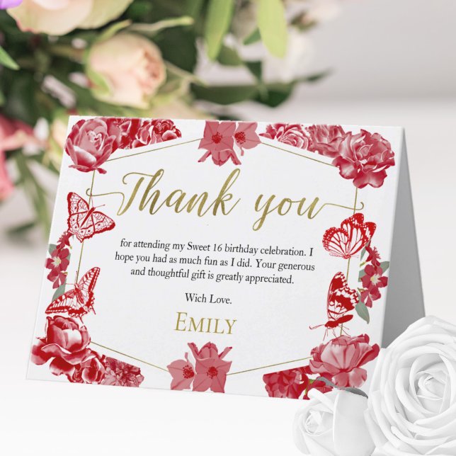 Sweet 16 Dankeschön Card Schmetterling Red Floral  Dankeskarte (Von Creator hochgeladen)