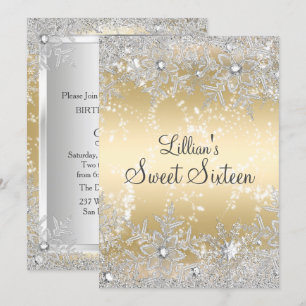 Sweet 16 Diamond Snowflake Gold Winter Wonderland Einladung