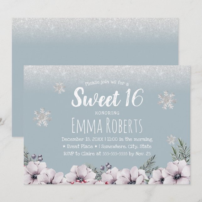 Sweet 16 Dusty Blue Winter Floral Schneeflocken Einladung (Vorne/Hinten)