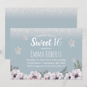 Sweet 16 Dusty Blue Winter Floral Schneeflocken Einladung