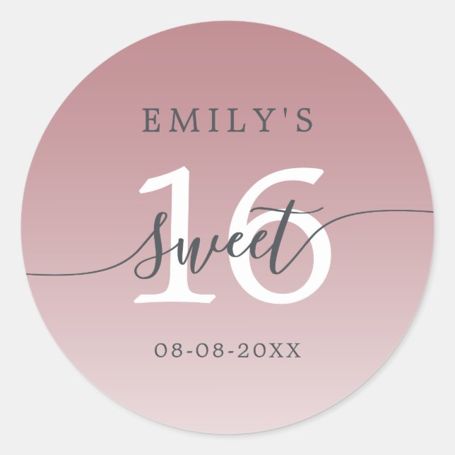 Sweet 16 Dusty Lila Ombre Individuelle Name Datum Runder Aufkleber (Vorderseite)