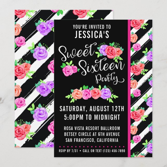 Sweet 16 Edgy Rose & Modern Stripes Einladung (Vorne/Hinten)