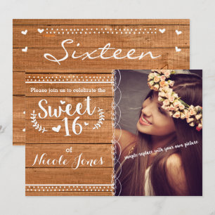SWEET 16 Eiche Holz rustikale Party-Foto-Einladung Einladung