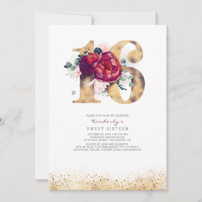 Sweet 16 Einladung Burgundy Red und Gold (Vorderseite)
