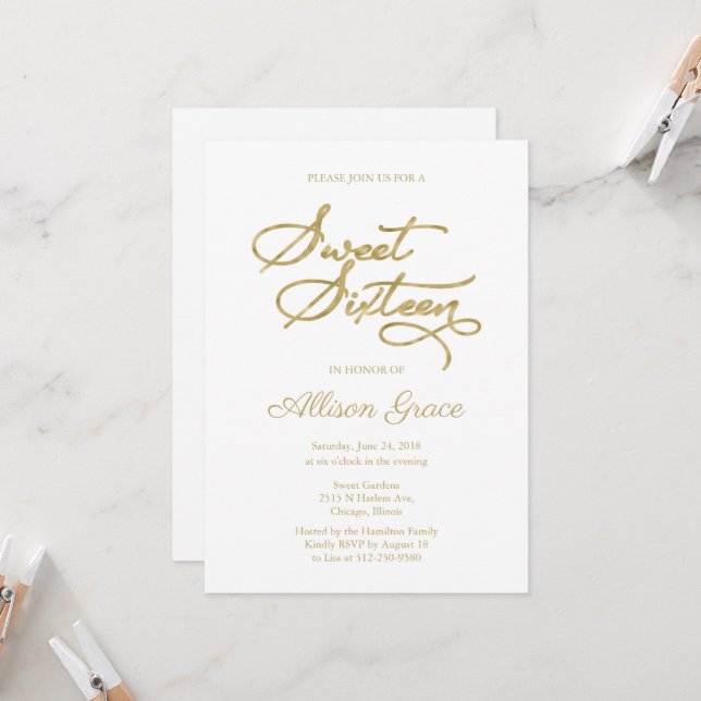 Sweet 16 Einladung Elegant Gold Kalligraphie (Vorderseite/Rückseite Beispiel)