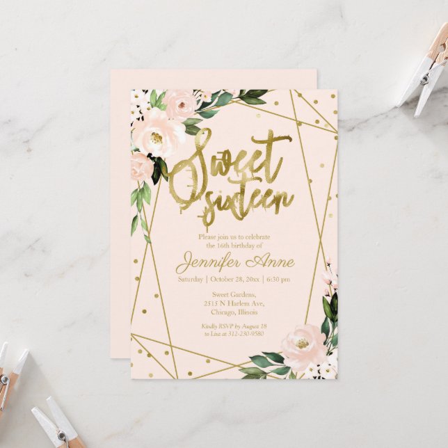Sweet 16 Einladung Gold Foil Pink Blush Blues (Vorderseite/Rückseite Beispiel)