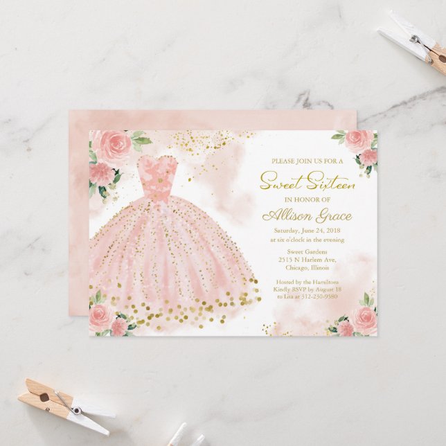 Sweet 16 Einladung Gold Foil Pink Blush Gown (Vorderseite/Rückseite Beispiel)