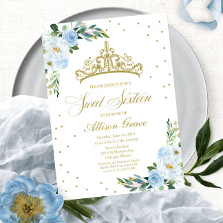 Sweet 16 Einladung Gold Tiara Dusty Blue Floral