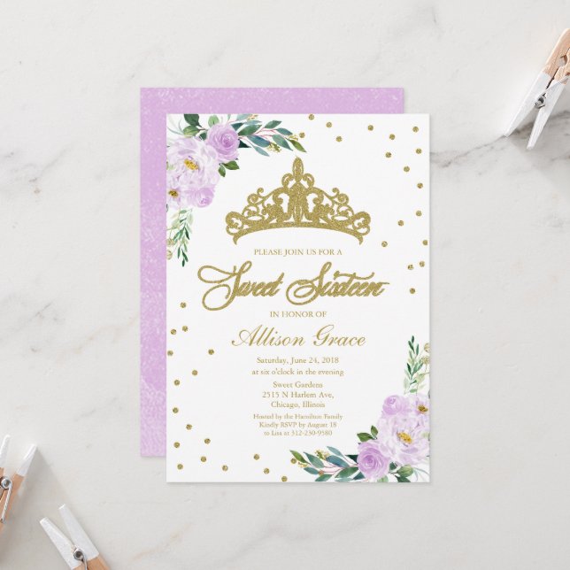 Sweet 16 Einladung Gold Tiara Lavender Floral (Vorderseite/Rückseite Beispiel)