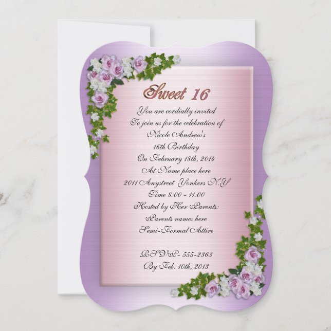 Sweet 16 Einladung Lavendel Rose und Efeu (Vorderseite)