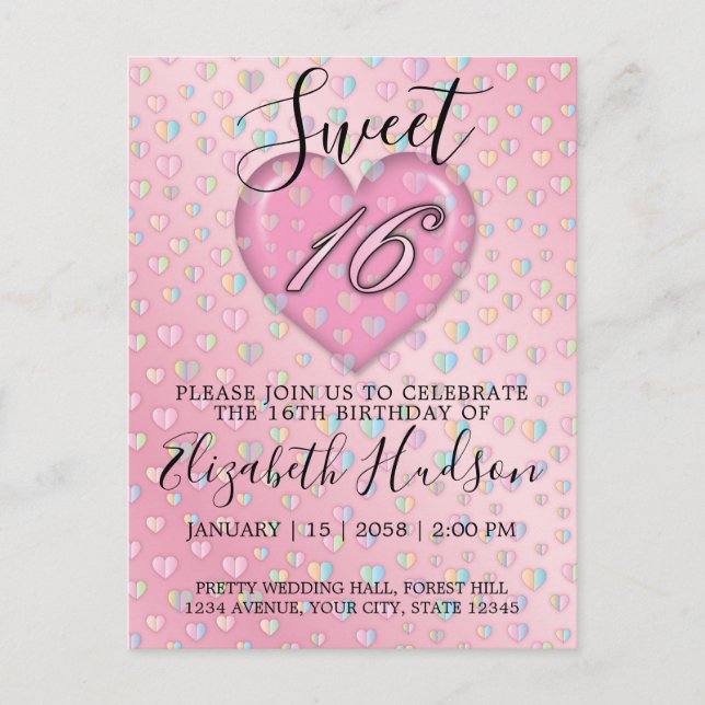 Sweet 16 Einladung mit rosa Herz und Fesseln (Vorderseite)