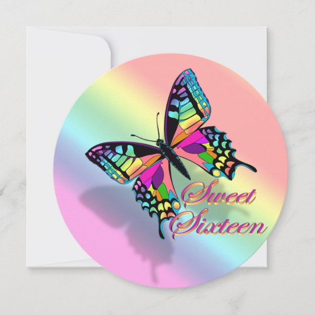 Sweet 16 Einladung Regenbogen und Schmetterling (Vorderseite)