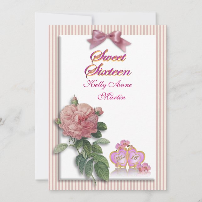 Sweet 16 Einladung rosa Rose und Streifen (Vorderseite)