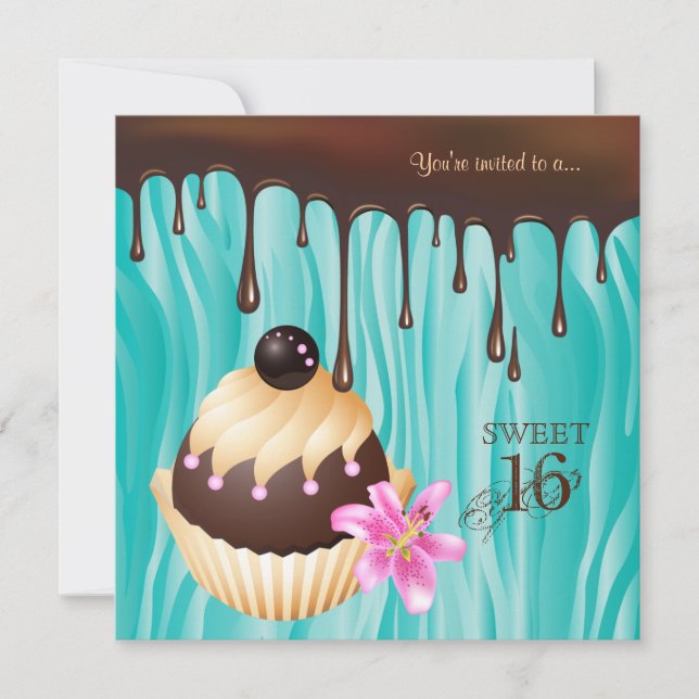 Sweet 16 Einladung Schokolade Cupcake Blau (Vorderseite)