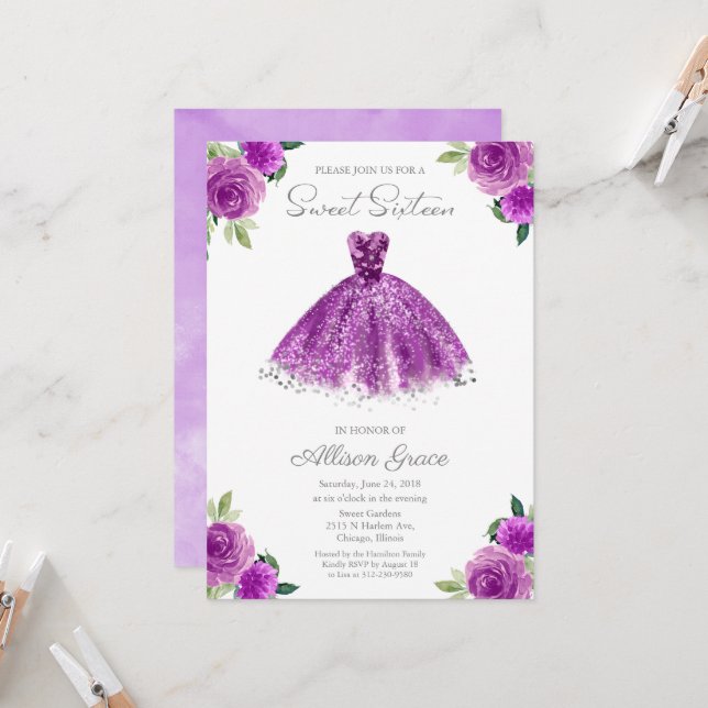 Sweet 16 Einladung Silberfolie Lila Gown (Vorderseite/Rückseite Beispiel)