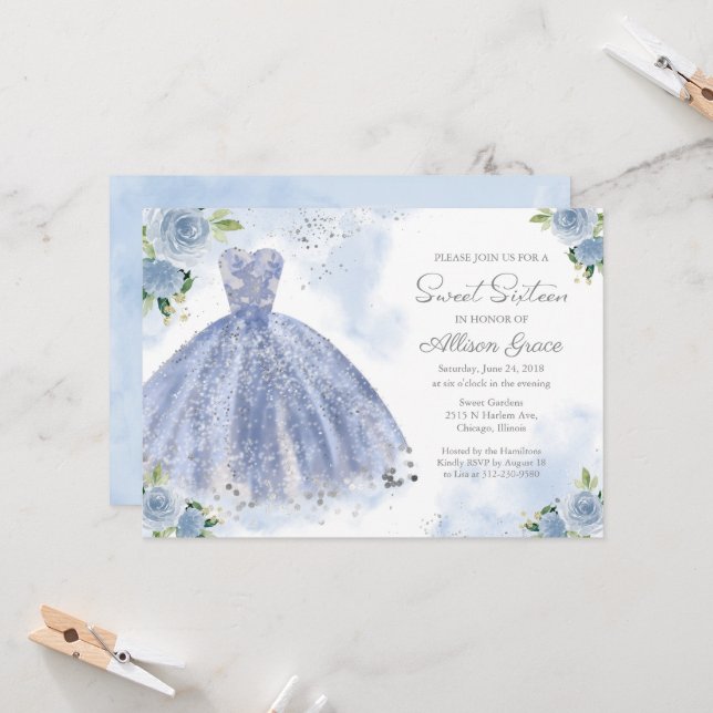 Sweet 16 Einladung Silver Foil Dusty Blue Gown (Vorderseite/Rückseite Beispiel)