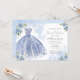 Sweet 16 Einladung Silver Foil Dusty Blue Gown