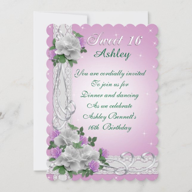Sweet 16 Einladung, weiße Rosen und Spitzen rosa Einladung (Vorderseite)