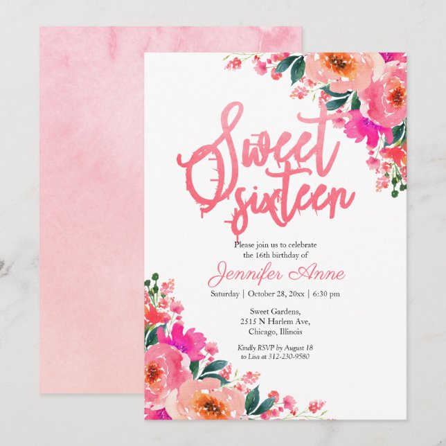 Sweet 16 Einladungen Hot Pink Floral (Vorne/Hinten)