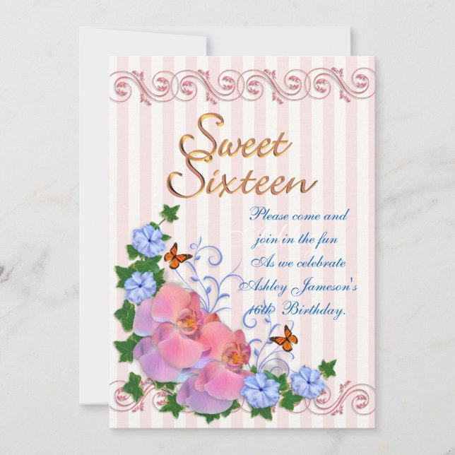 Sweet 16 Einladungen Orchideen und Streifen (Vorderseite)