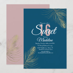 Sweet 16 Elegant Blush Pink Blue Gold Feather Einladung