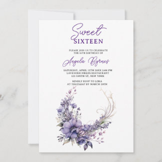 Sweet 16 Elegant Lila Blumenkraut Wasserfarbe Einladung