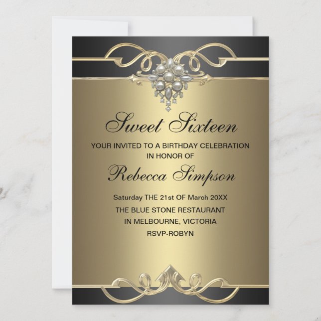 Sweet 16 Elégant Pearl Gold Invitation d'anniversa (Devant)