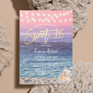 Sweet 16 Elegant Pink Beach Mason Jar String Light Einladung