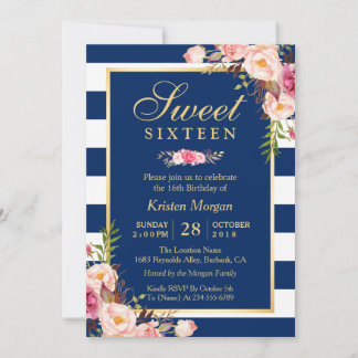 Sweet 16 Elegant Rosa Bläsernasse Blaue Streifen Einladung
