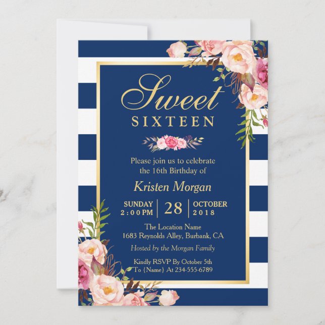 Sweet 16 Elegant Rosa Bläsernasse Blaue Streifen Einladung (Vorderseite)