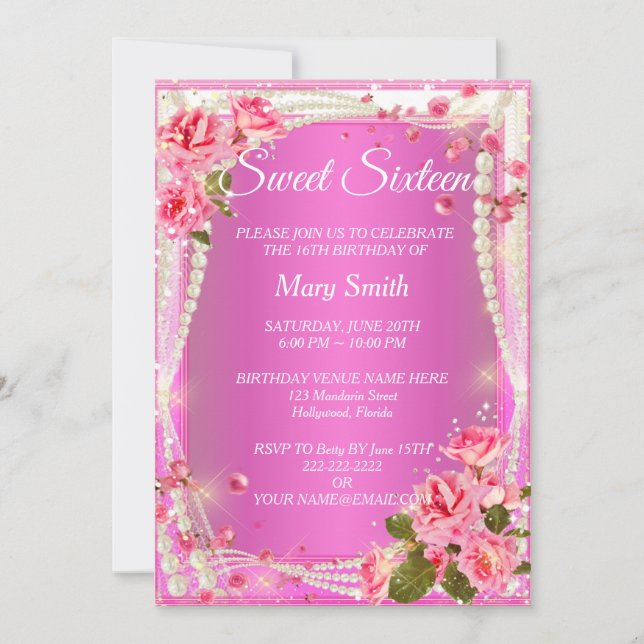 Sweet 16 Elegant Rosa Blütenbraun Einladung zum Ge (Vorderseite)