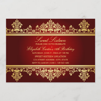 Sweet 16 | Elegante rote und goldene Damast-Einlad Einladung
