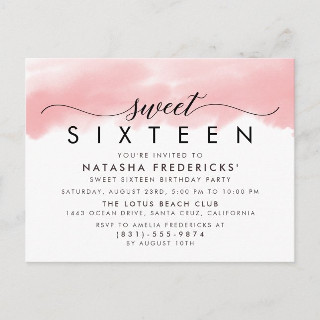 Sweet 16 Elegante Script Moderne Wasserfarbe Gebur Einladungspostkarte (Vorderseite)