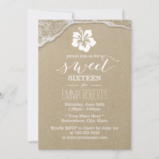 Sweet 16 Eleganter Hibiskus Blume Beach Einladung (Vorderseite)