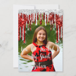 Sweet 16. Elisabeth Red Gray Silver Tropfens Foto Einladung