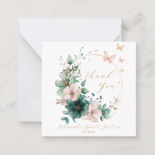 Sweet 16 Emerald Green Floral Merci Cartes (Devant)