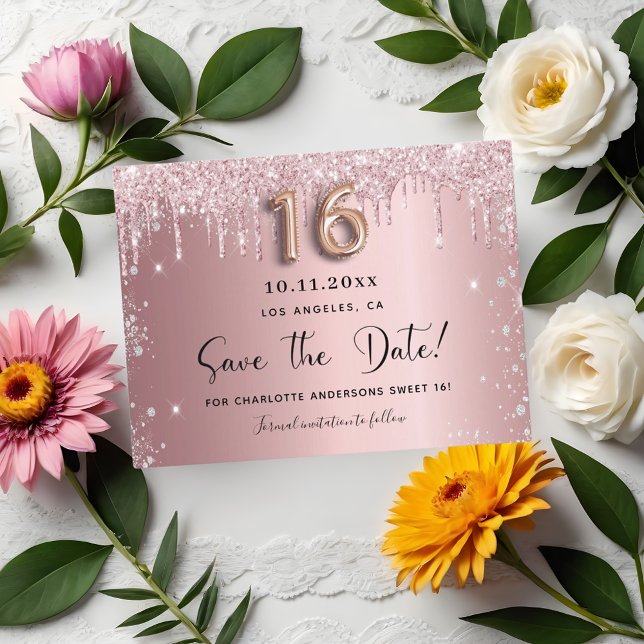 Sweet 16 errötet pink silber Save the Date Ankündigungspostkarte (Von Creator hochgeladen)
