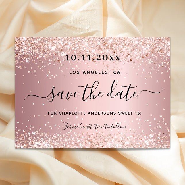 Sweet 16 errötete rosa Glitzer Party Save the Date Ankündigungspostkarte (Von Creator hochgeladen)